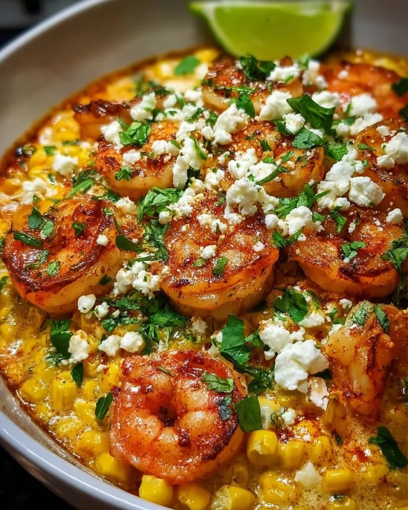 Mexican street corn topped with shrimp and creamy feta cheese sauce