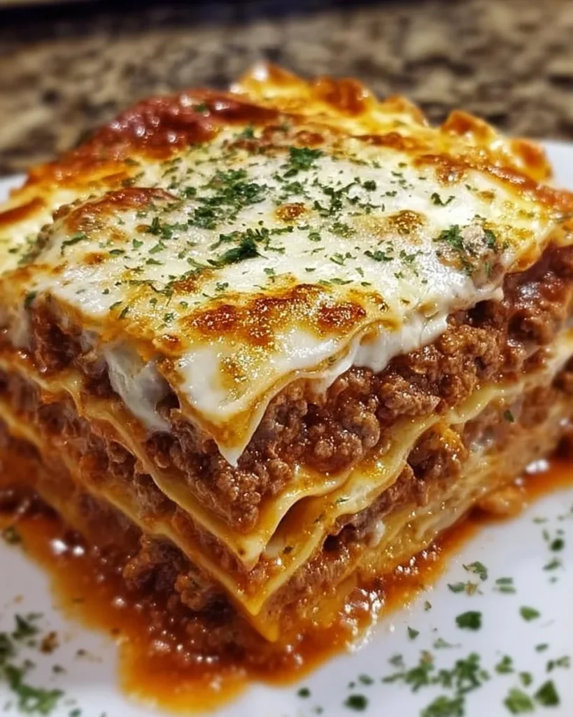 Delicious Million Dollar Lasagna layered with cheese and rich meat sauce.