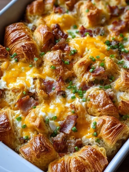 Delicious overnight croissant breakfast casserole baked and garnished