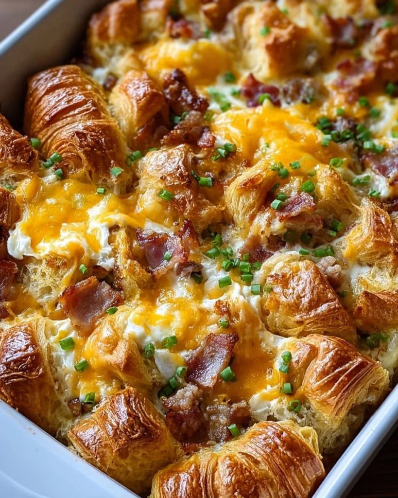 Delicious overnight croissant breakfast casserole baked and garnished