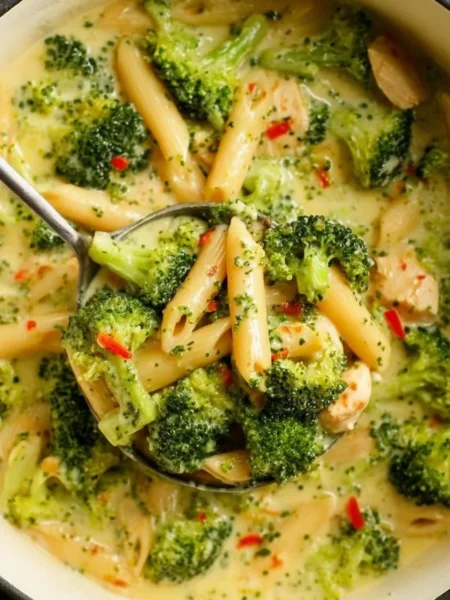 Broccoli pasta with chicken served in a bowl, topped with fresh herbs.