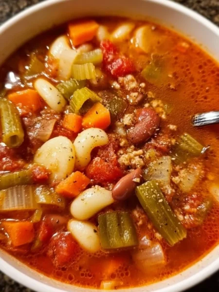 A bowl of Quick and Easy Busy Day Soup with fresh vegetables and herbs