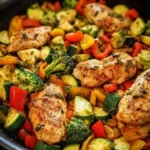 Healthy low calorie chicken skillet with vegetables in a frying pan