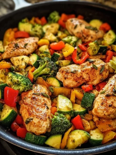 Healthy low calorie chicken skillet with vegetables in a frying pan