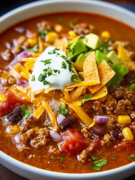 Bowl of quick and hearty taco beef soup garnished with cilantro and lime