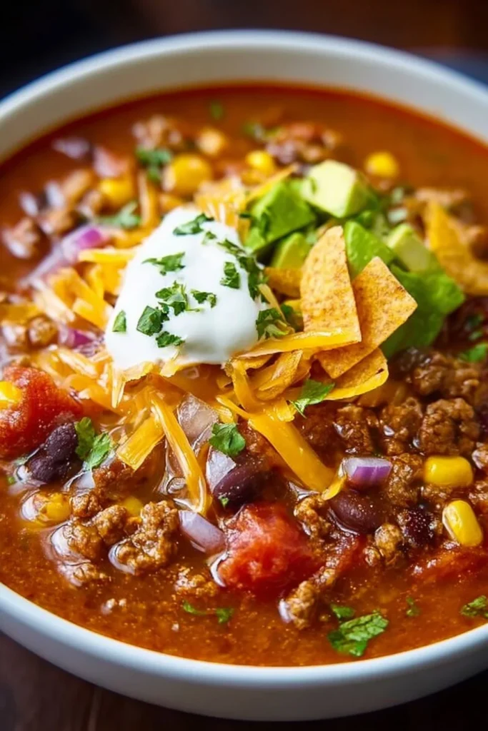 Bowl of quick and hearty taco beef soup garnished with cilantro and lime