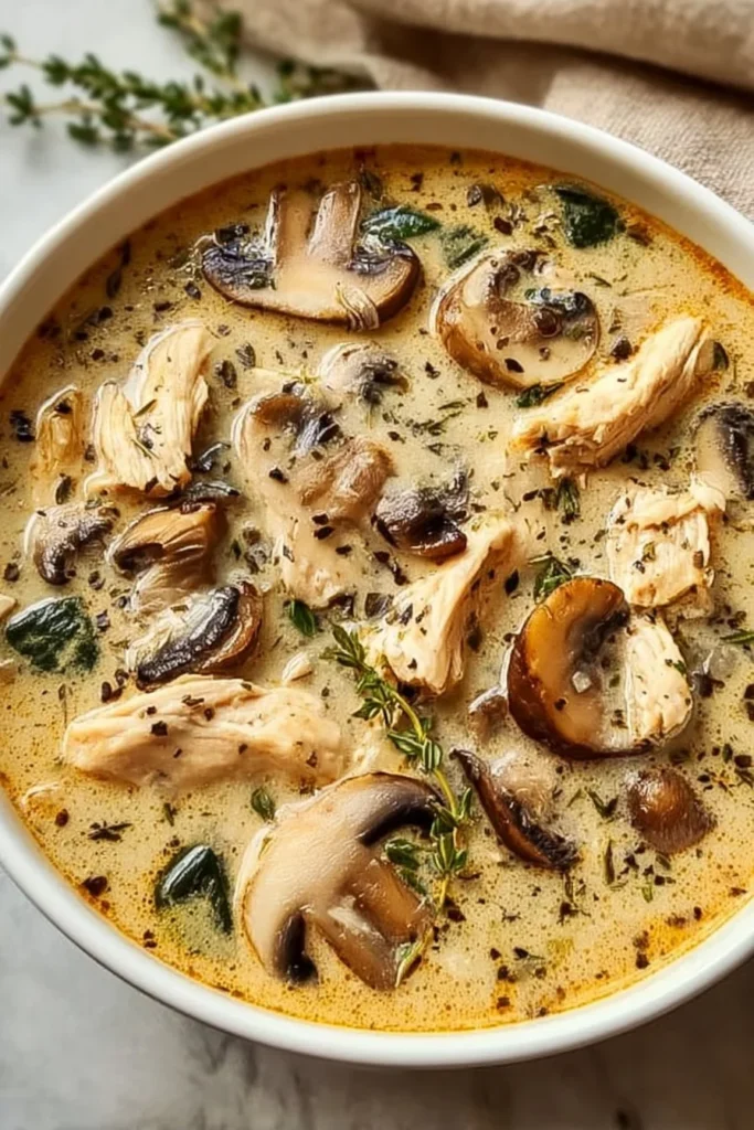 Bowl of Rotisserie Chicken Mushroom Soup garnished with herbs and spices