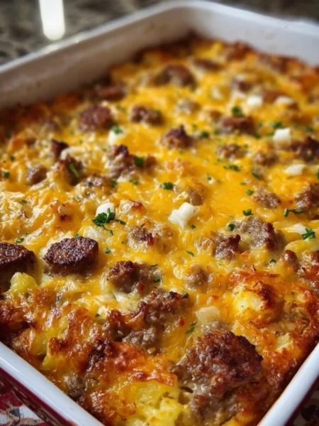 Sausage Hash Brown Breakfast Casserole topped with cheese and herbs