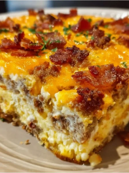 Savory breakfast casserole with eggs, cheese, and vegetables