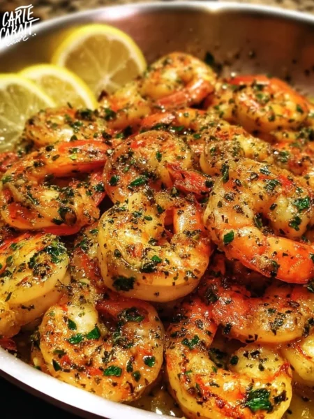 Plate of shrimp scampi with garlic and pasta garnished with parsley