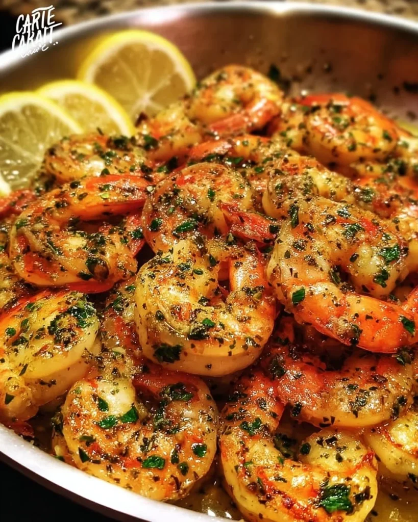 Plate of shrimp scampi with garlic and pasta garnished with parsley