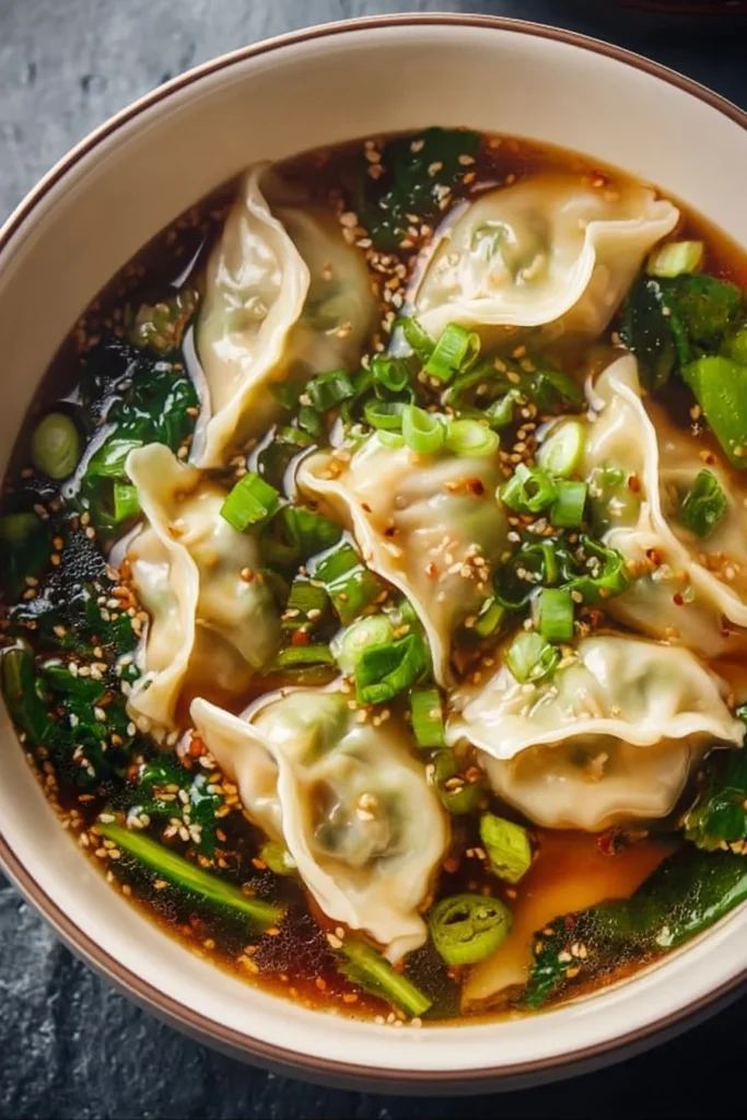 Bowl of simple Asian potsticker soup garnished with green onions and herbs.