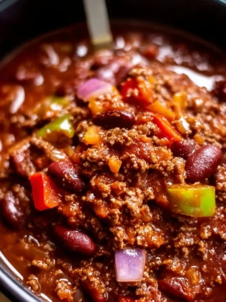 Delicious bowl of Slow Cooker Chili Con Carne garnished with fresh herbs