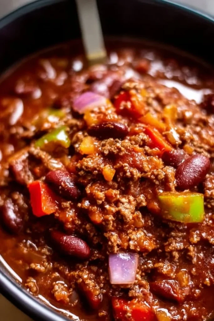 Delicious bowl of Slow Cooker Chili Con Carne garnished with fresh herbs