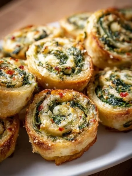 Bite-sized pinwheels filled with creamy spinach dip on a platter.