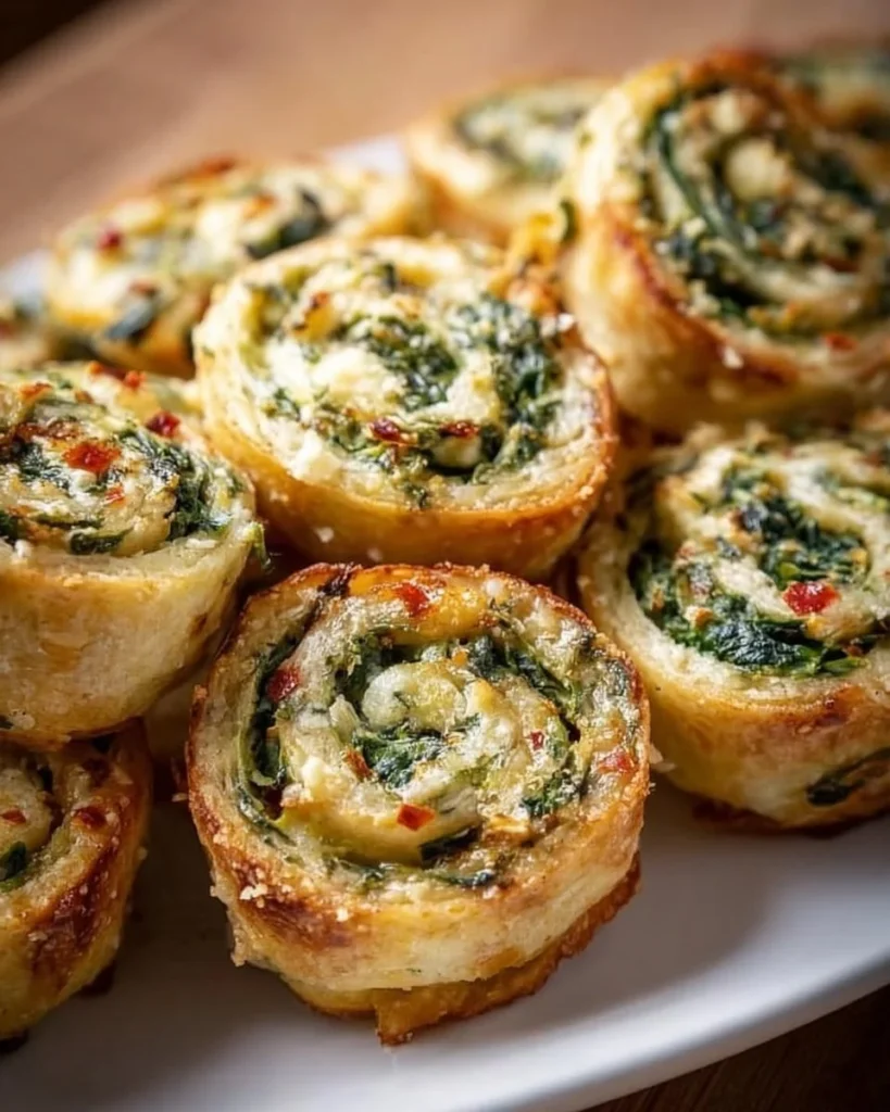 Bite-sized pinwheels filled with creamy spinach dip on a platter.