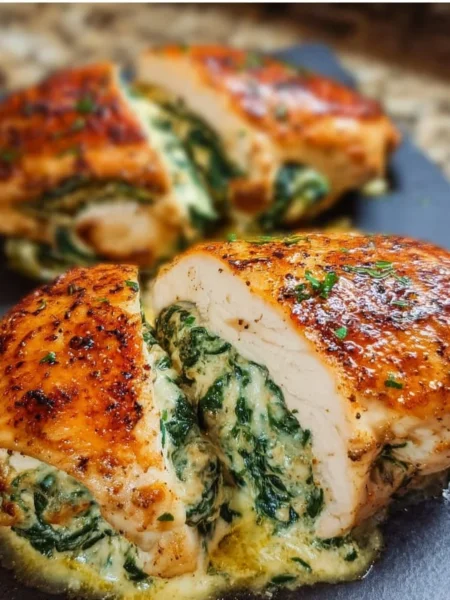Spinach stuffed chicken breasts served with a side of vegetables for a healthy meal.