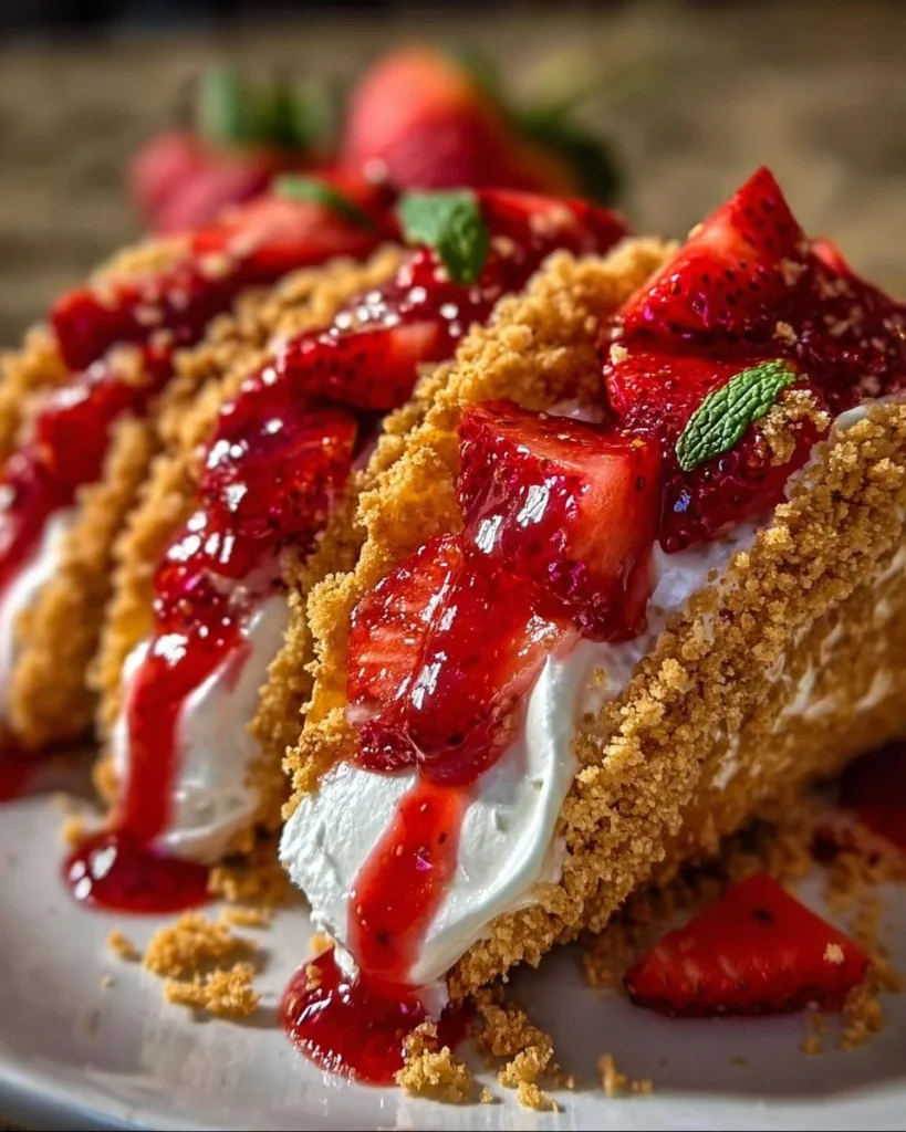 Delicious strawberry crunch cheesecake tacos served on a plate