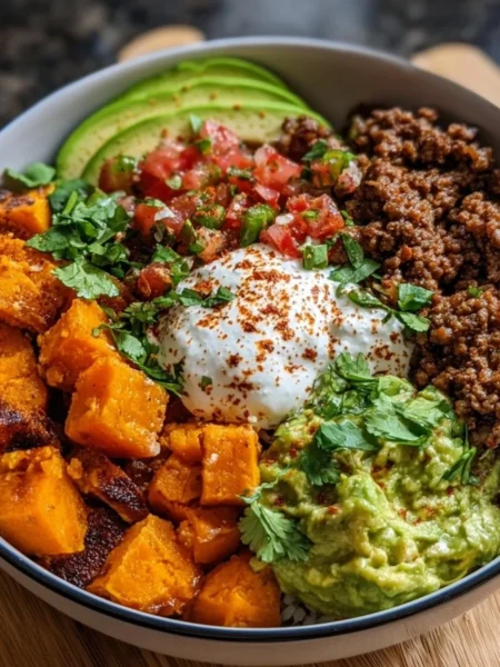 Delicious sweet potato taco bowl with fresh toppings and vibrant ingredients