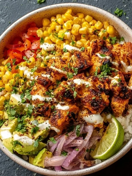 Delicious street corn chicken bowl garnished with fresh cilantro and lime.