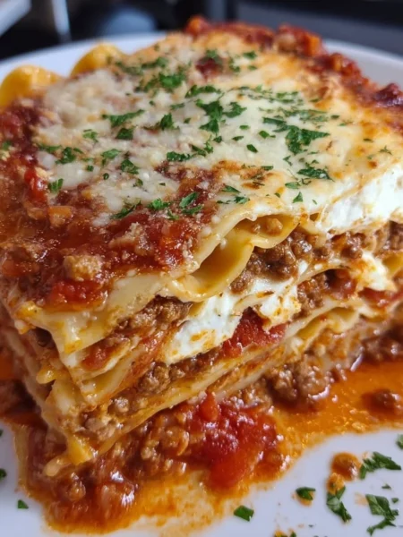 Delicious slice of homemade lasagna with layers of cheese and sauce.