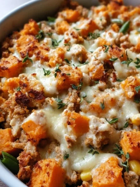 Turkey Sweet Potato Bake served in a dish, garnished and ready to enjoy.