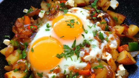 Chilli Feta Breakfast Hash served in a bowl with fresh herbs