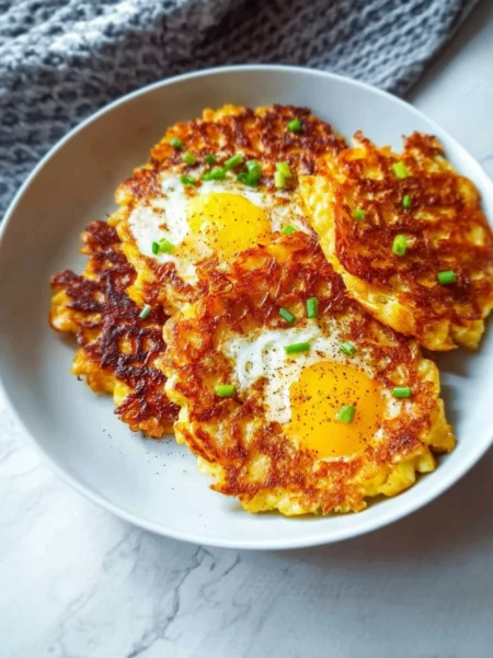 Crispy keto cauliflower hash browns served on a plate
