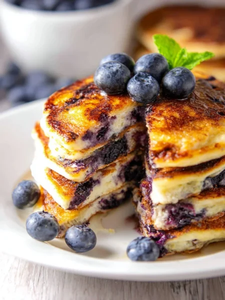 Delicious blueberry cottage cheese pancakes stacked on a plate