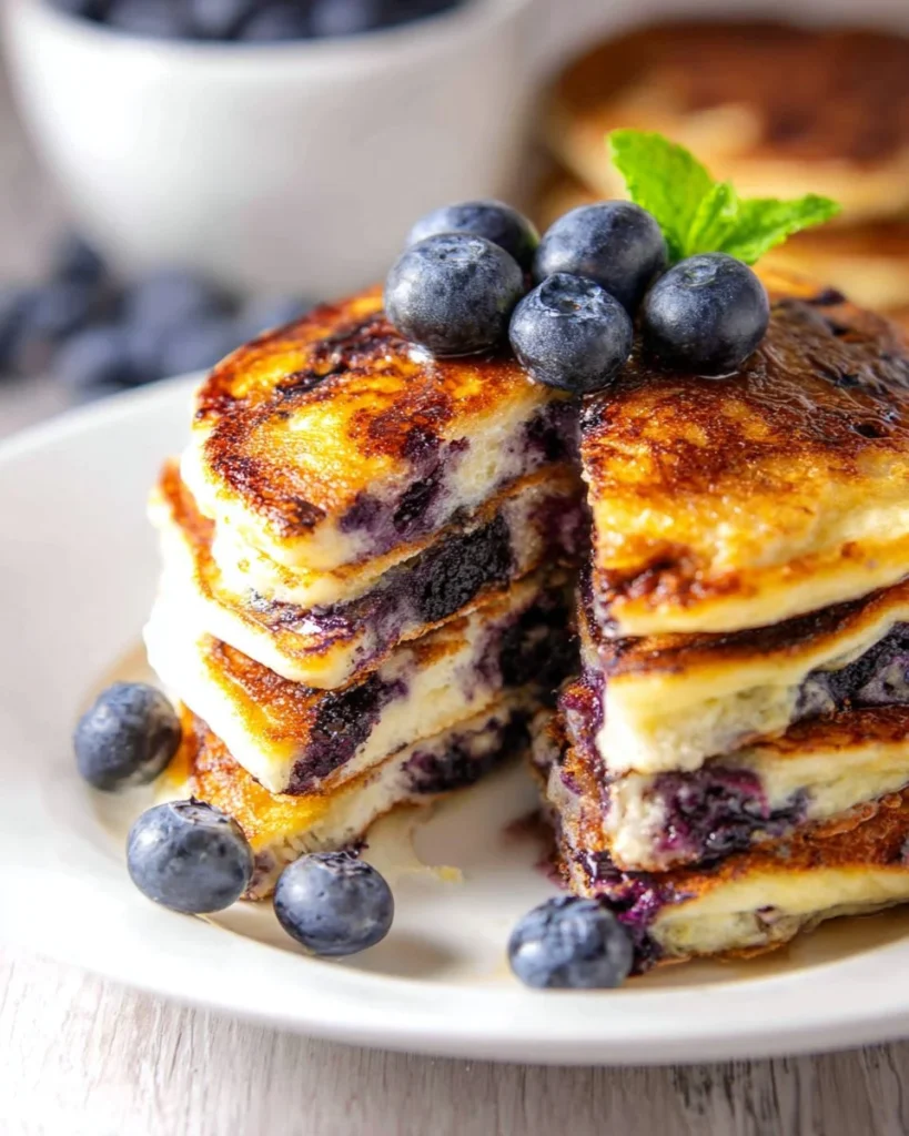 Delicious blueberry cottage cheese pancakes stacked on a plate