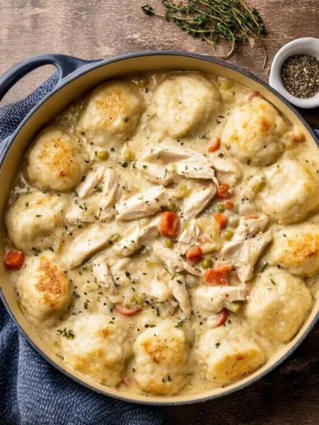 Bowl of easy homemade chicken and dumplings with biscuits on a wooden table