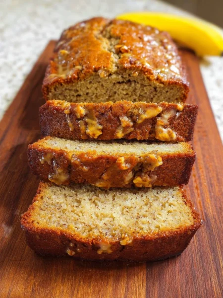 Loaf of Greek Yogurt Banana Bread on a wooden cutting board