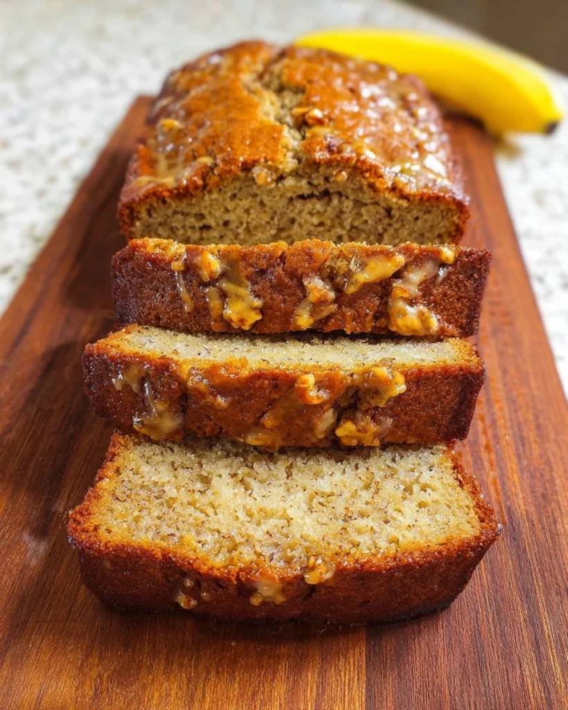 Loaf of Greek Yogurt Banana Bread on a wooden cutting board