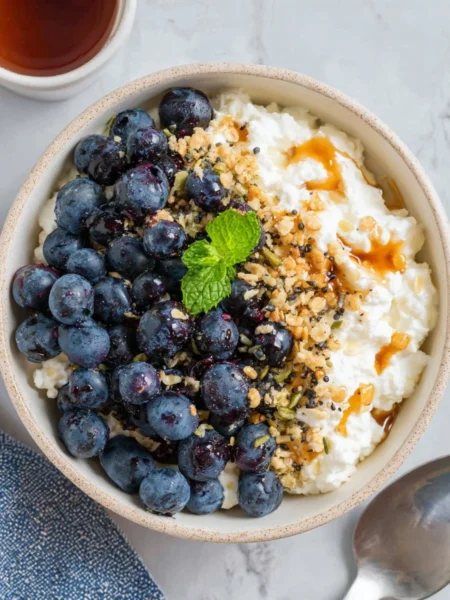 Healthy Blueberry Cottage Cheese Bowl topped with fresh blueberries
