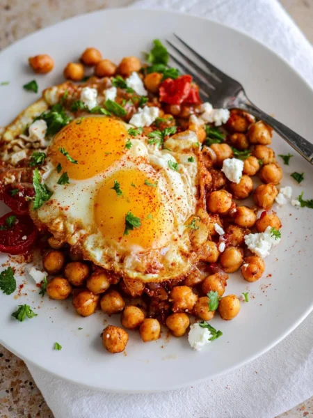 A colorful plate of healthy chickpea fried egg garnished with vegetables.