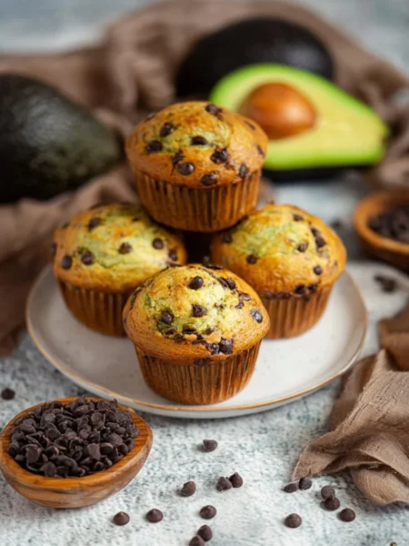 Healthy chocolate chip avocado muffins fresh out of the oven.