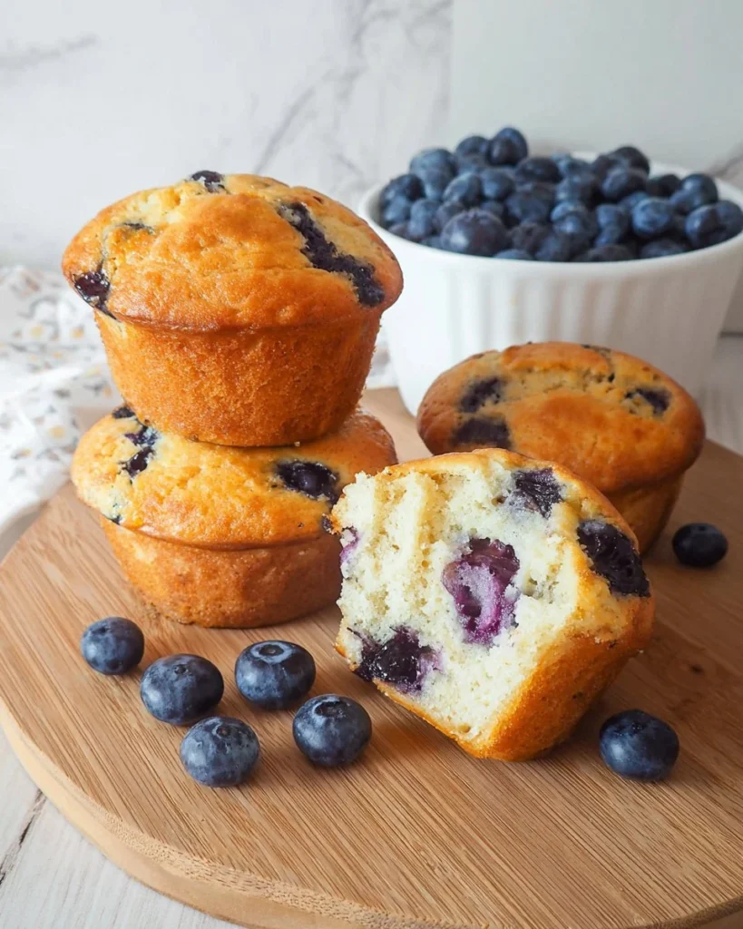 Healthy cottage cheese blueberry muffins on a wooden table