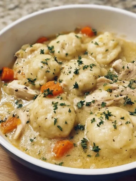 Bowl of homemade chicken and dumplings with herbs and vegetables