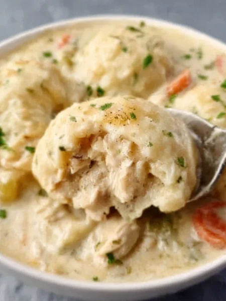 Homemade creamy chicken and dumplings in a bowl, garnished with herbs.