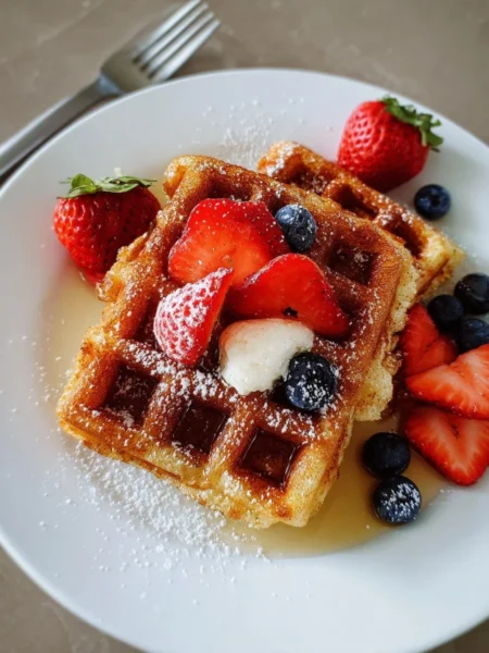 Plate of golden-brown low-carb keto waffles topped with berries and whipped cream