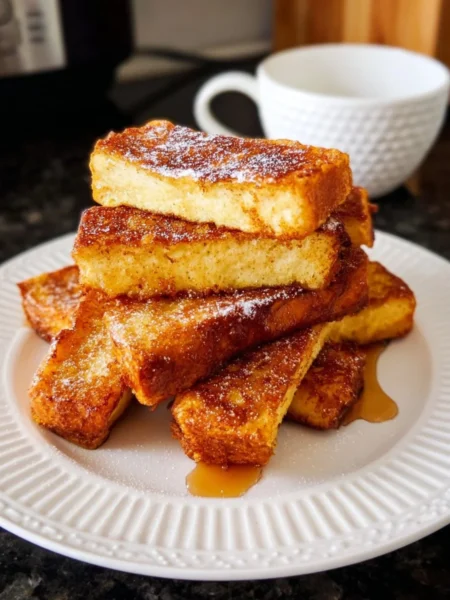 Crispy air fryer French toast sticks served with syrup and berries