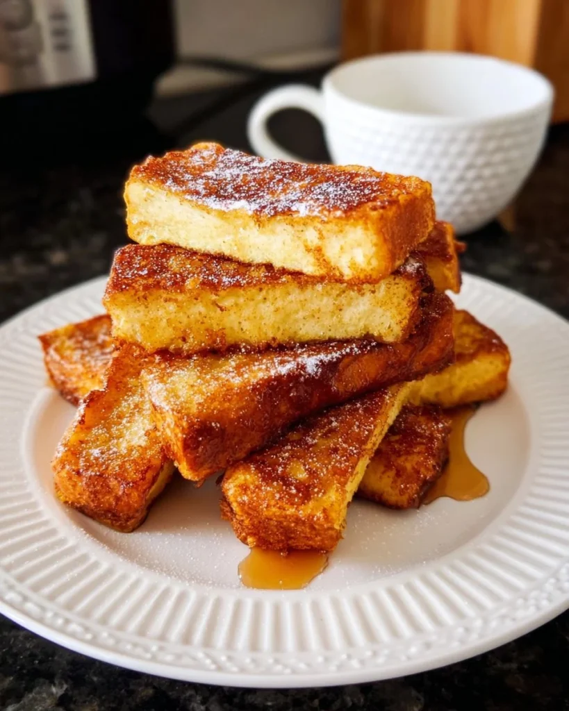 Crispy air fryer French toast sticks served with syrup and berries